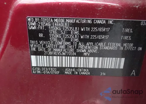 2018 Toyota Rav4 Le from USA, damaged, VIN 2T3BFREV5JW770594